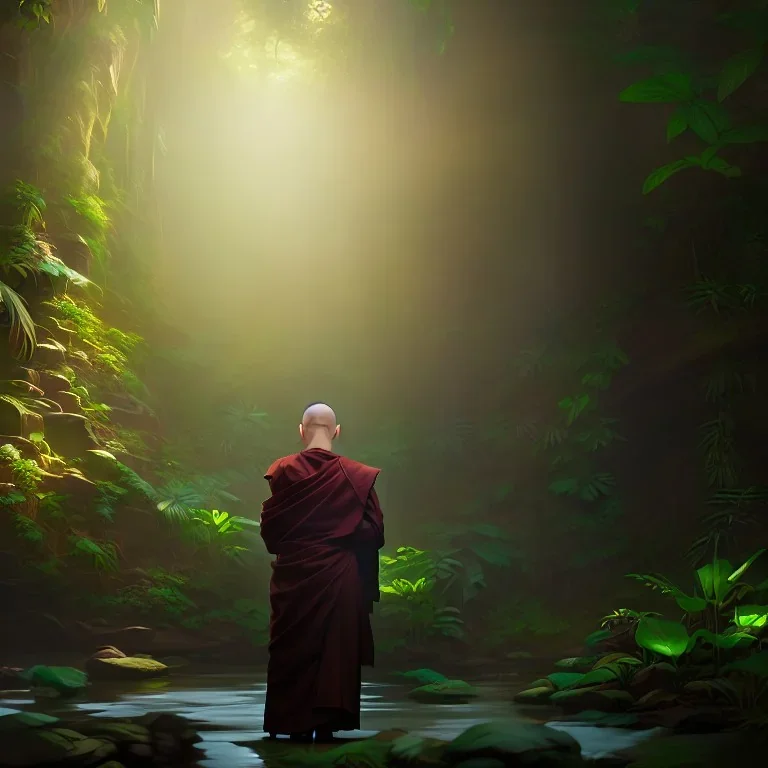 Buddhist monk in a jungle, hyper realistic, photography, rays, amazing lighting