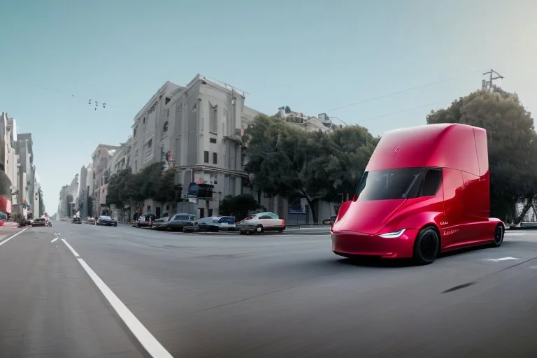 A Tesla 'Semi' (semi truck) is going at a high speed, on the streets of San Francisco. (CINEMATIC, WIDE ANGLE LENS, PHOTO REAL)