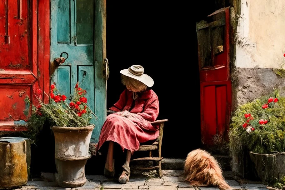 oil on roughened canvas, Textured Scumbling Technique, loose unstructured, Monet brush strokes. vintage feel. Old wooden Open housedoor with peeling paint, window next to door. An old woman with a curled sleeping cat beside her is sitting on an old tatty wooden bench. flowers, and pots. scruffy rundown pop hue of red