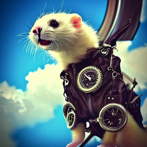 ferret wearing jumpsuit and parachute, skydiving, clouds, plane, intricate, ultra-fine detailed, steampunk, ornate, 8k, ultraHD, high-quality, 3d, realistic, trending on artstation, midjourney style, elaborate, openjourney style,