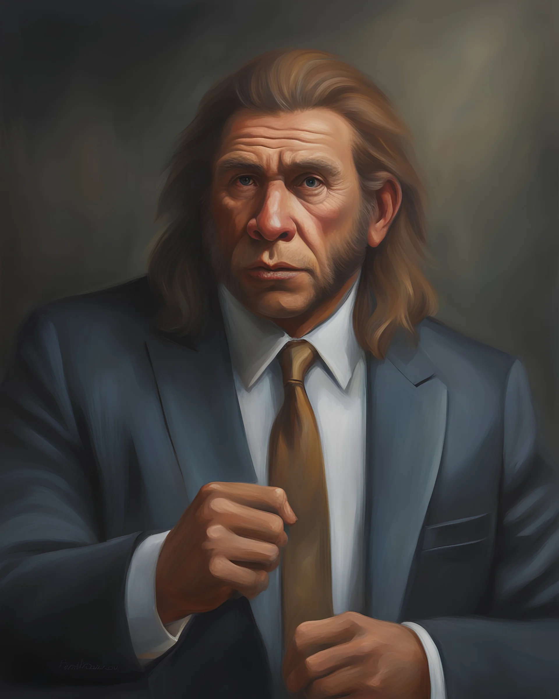 Hombre de Neandertal con traje, Pintura al óleo Arte digital 8k