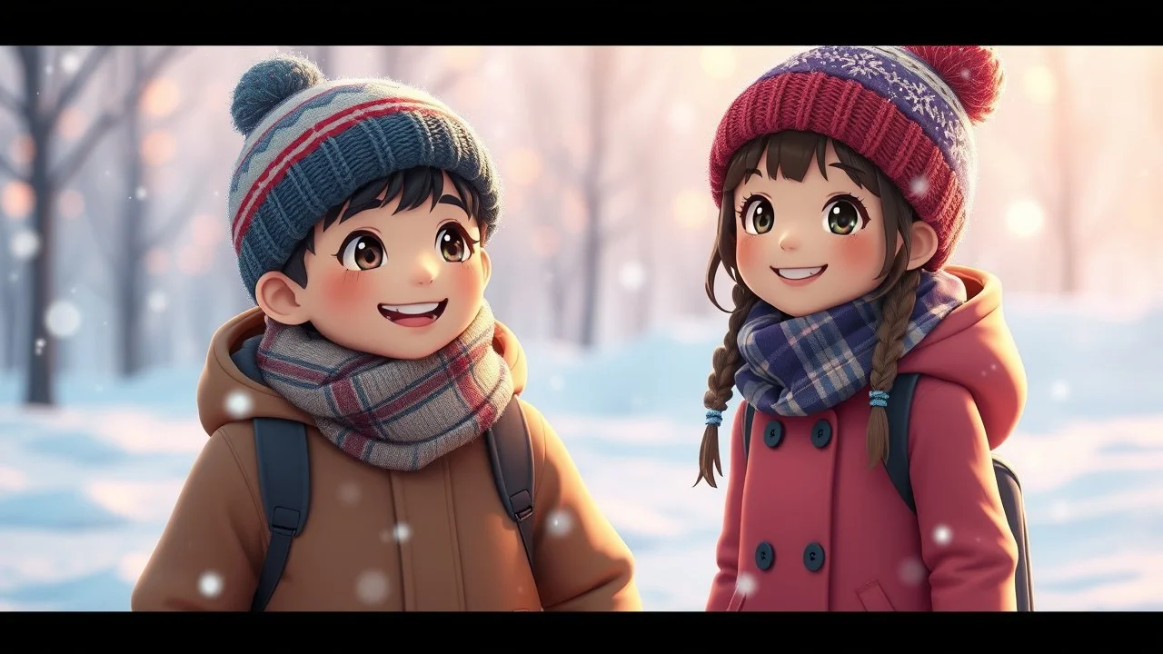 cute detalied 3d illustration from one boy and one girl dressed warmly in coats and hats, enjoying a day out in the snow together. They are both smiling and embracing the cold weather, winter scene, detalied, 3d anime, aesthetic design, snowy landscape, beautiful shot, stunning, cinematic