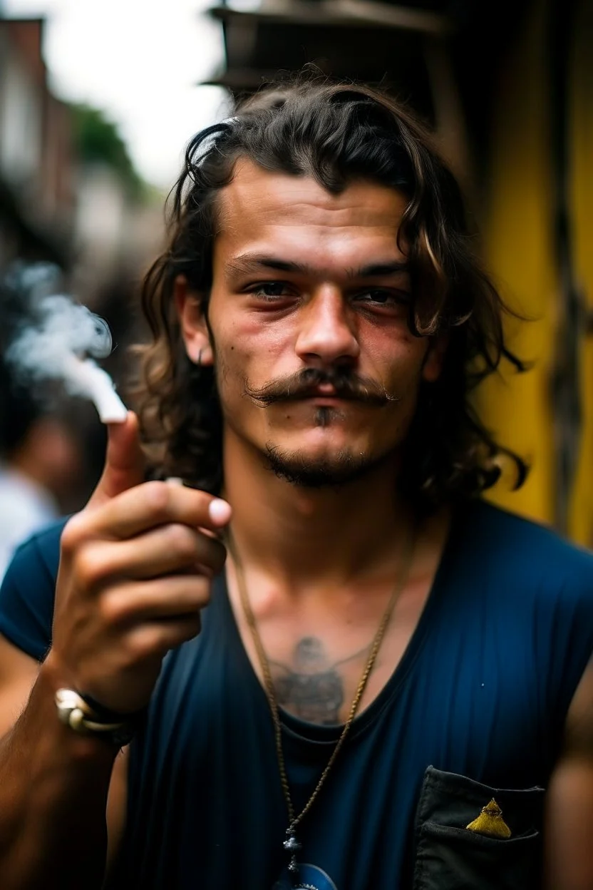 tough looking guy with a mullet pointing his hand like a gun at the camera while he smokes a burning cigarette and does cuernos with his other hand