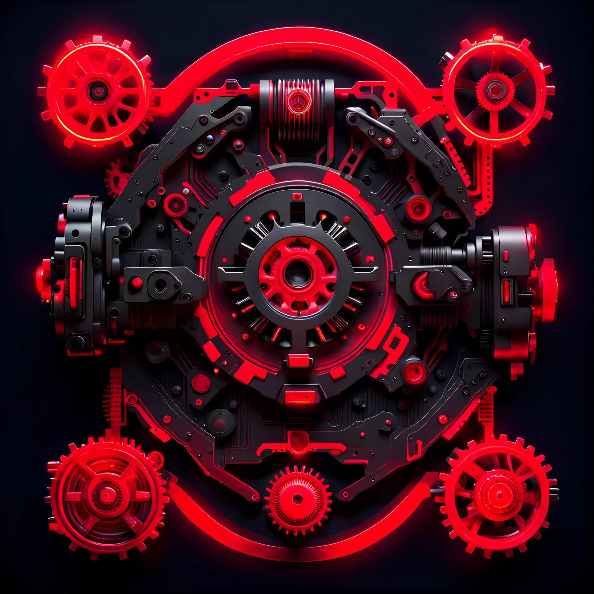 separate mechanical parts, cyberpunk style, red lighting black background