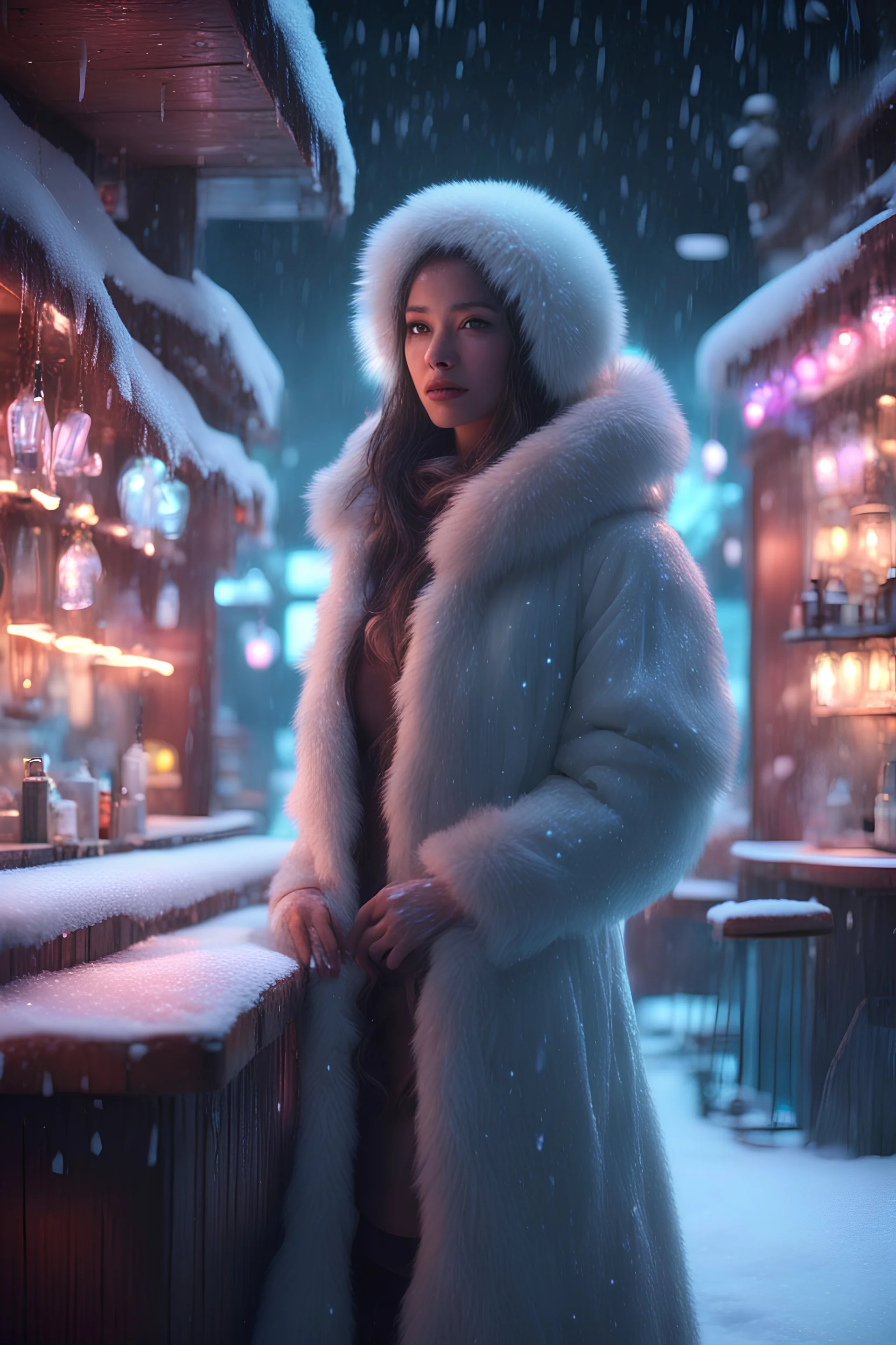a pretty eskimo woman walks inside a bar, fantasy world, winter, neon lights, heavy snow falling, freeing cold, empty streets, fantasy world, 4k