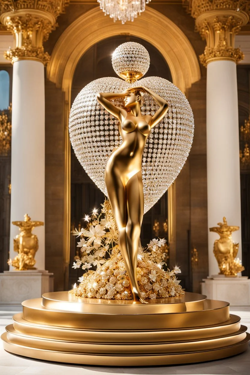 A magnificent cristal and gold heart-shaped sign adorned with a stunning berliant sphere encrusted with sparkling diamond clusters at its center, elegantly spinning in position,a golden statue of a girl in standing pose