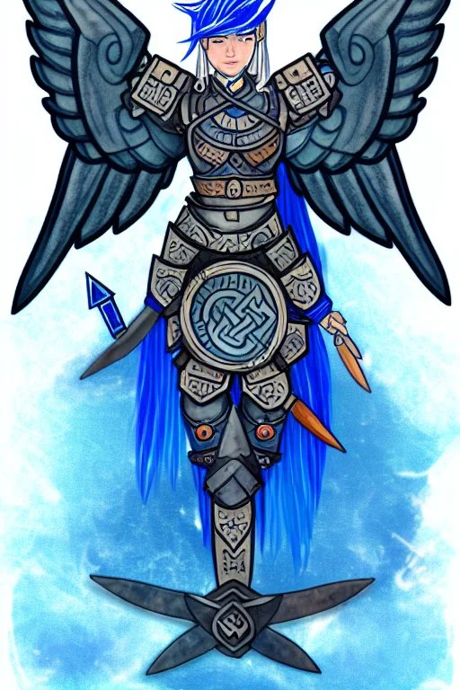 a person in runic armor with blue wings, blue short hair, runic tattoo and spell book