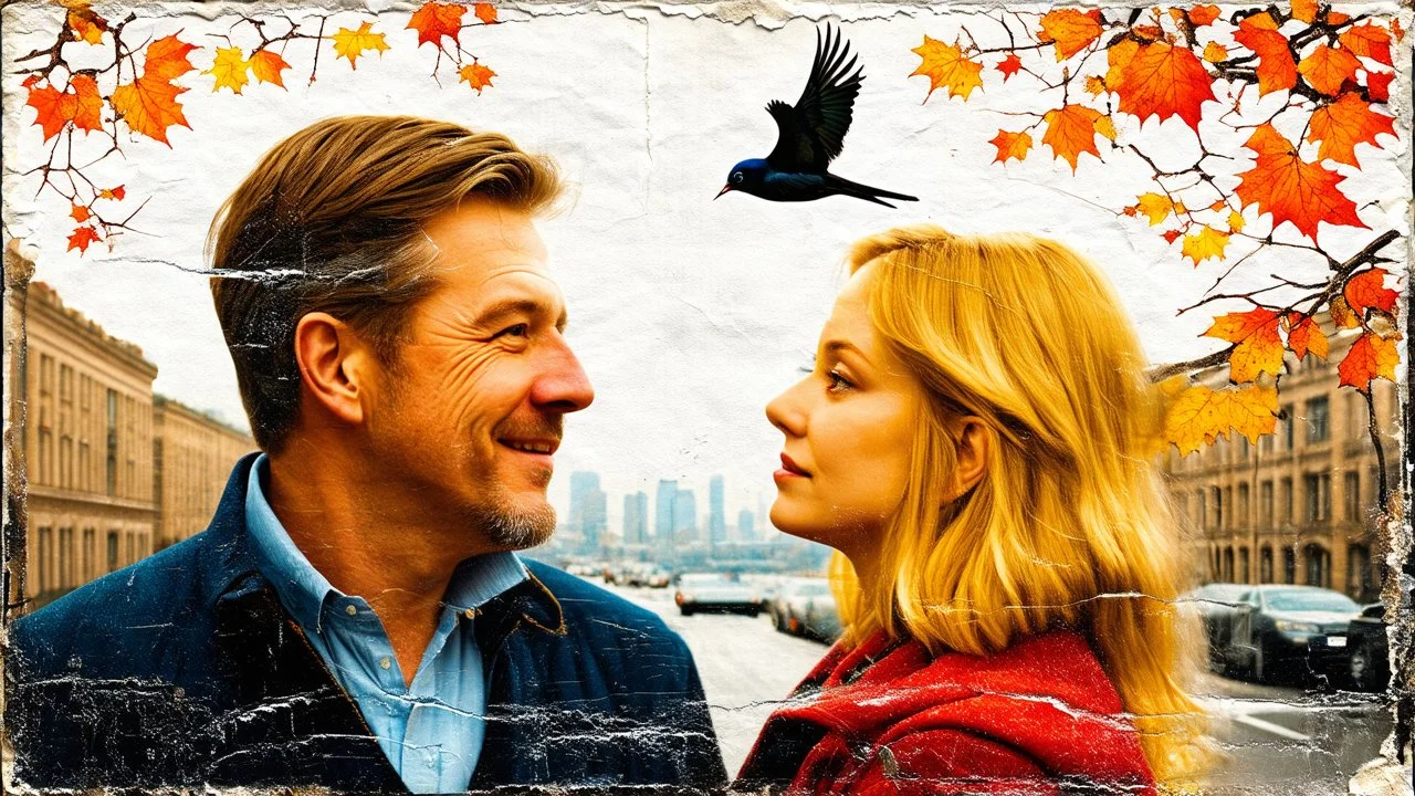 old worn paper, Double exposure, newspaper scraps, blonde woman and 40 year old man, love, drawing, old background, embossing, layering, 3 D, Double exposure, city in hair, branches, , buildings, drawing, autumn, ART portrait, fine rendering, hyperdetail, hyperfocus, hypersharpness, bright colors, Double exposure, one bird, wind