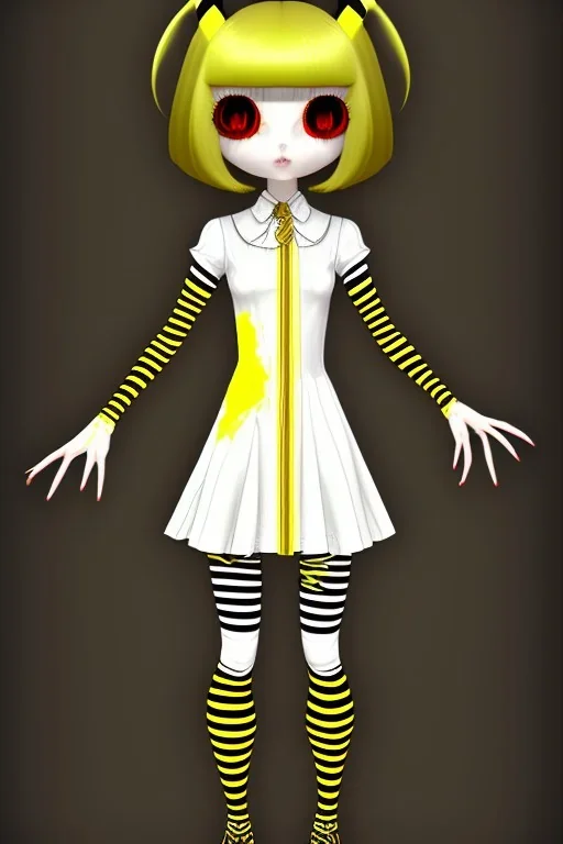 Fran Bow, yellow dress, black and white striped leggings, Dark brown hair, bob cut with bangs, full body shot, bloody dress