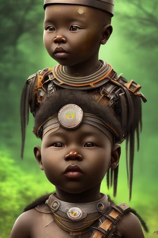 african baby head portrait, warrior costume, village, meditation, woods, cyberpunk, 8k quality