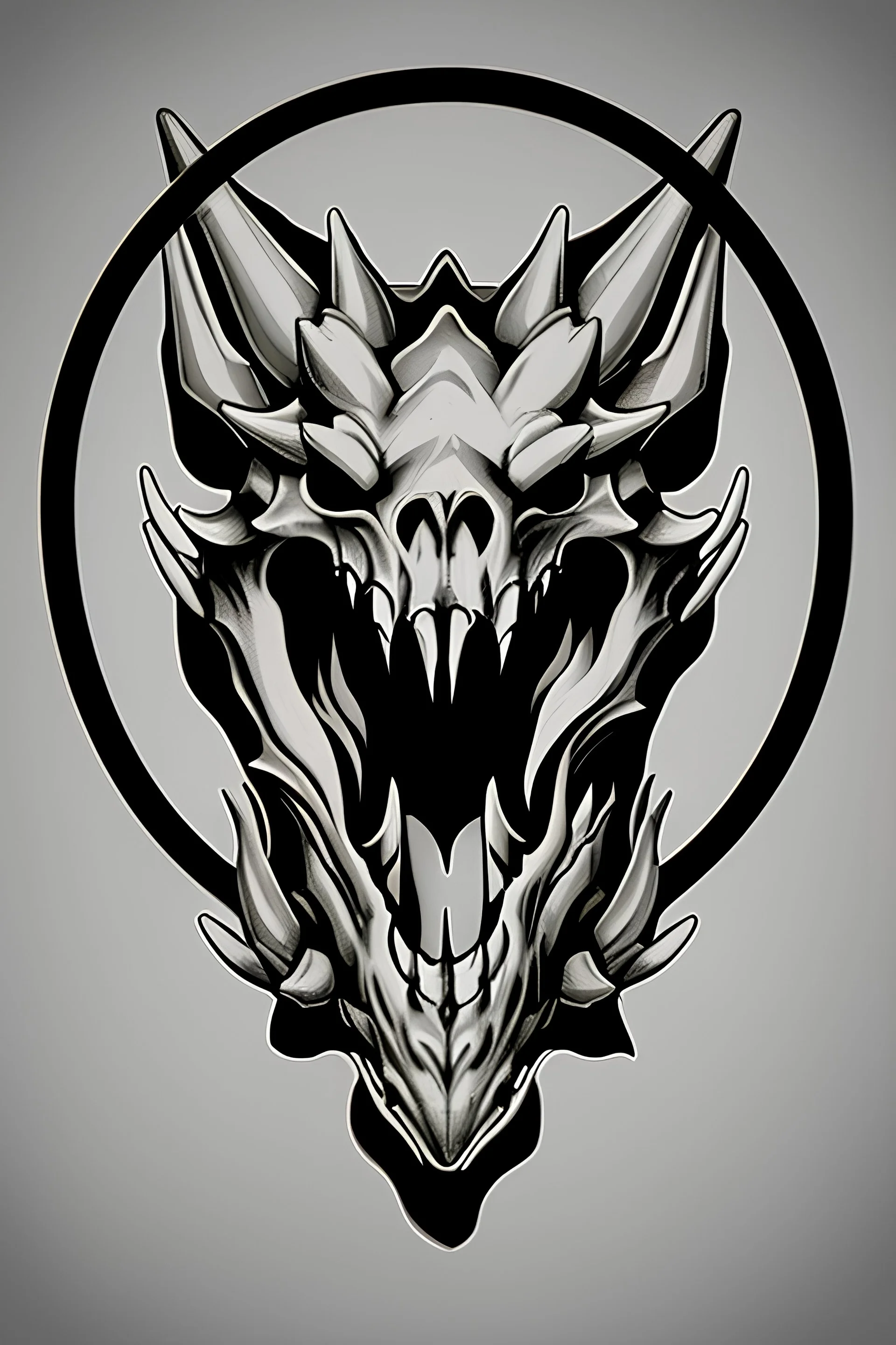 black and white dragon skull in a circle logo