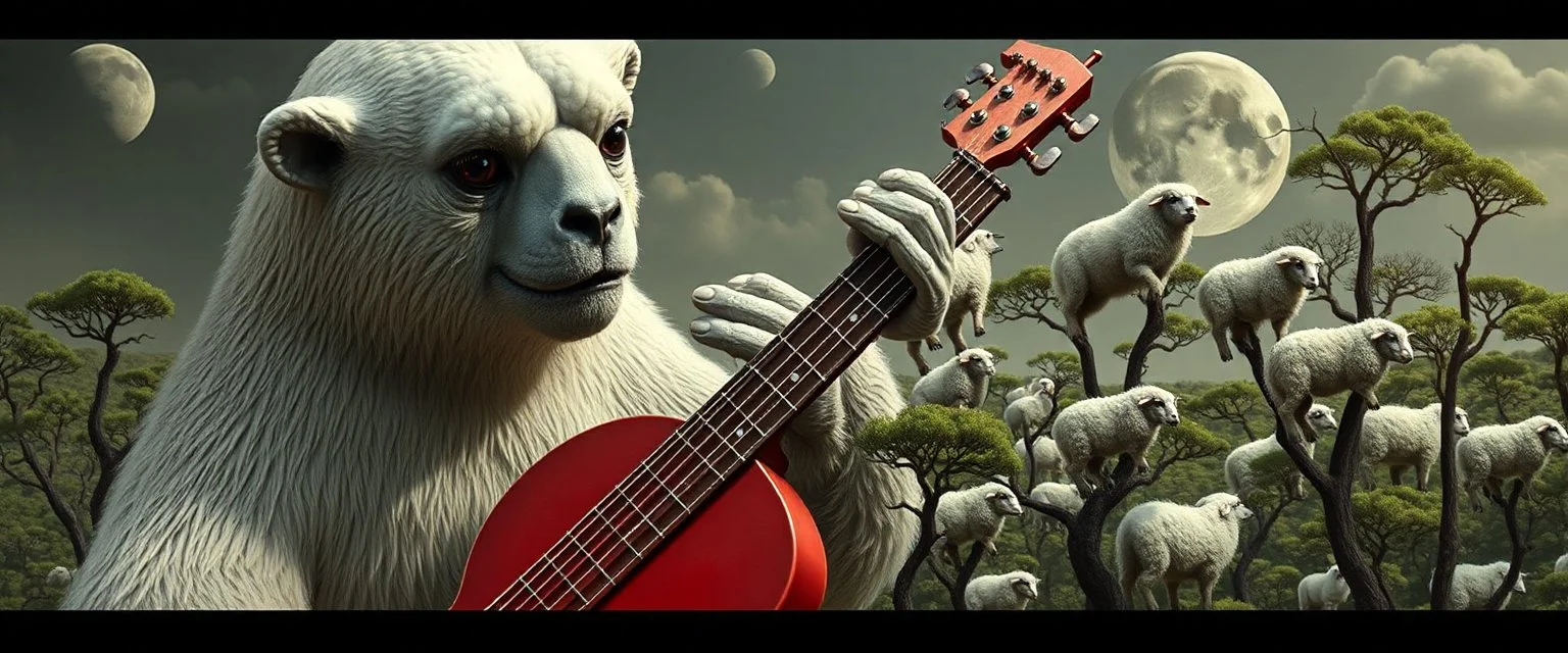 close up on member of jazz giant polar alien sloth gremlin sheep flock climbing trees in the style of Escher and Giger