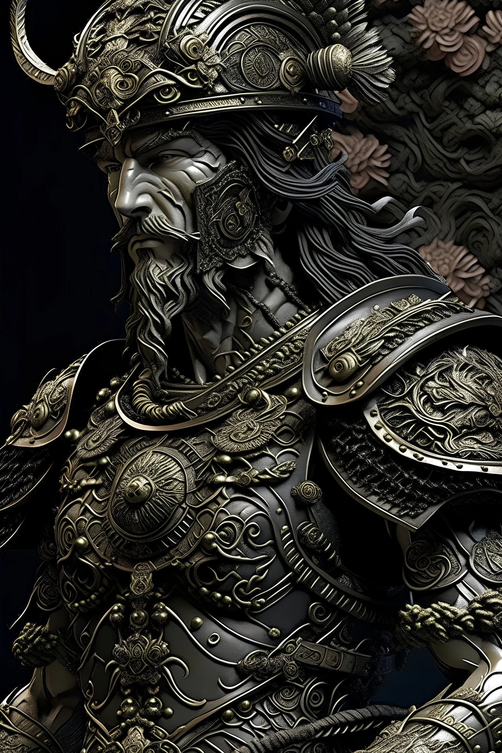 Mytological decadent greek deity , Hades the god of war in armour portait, adorned with greek Mytological decadent goth filigree shamanism dark dekadent goth deity floral, greek style Headress armour wearing mytological greek decadent god of war costume organic bio spinal ribbed detail of greek floral brocade background filigree moonlight extremely detailed hyperrealistic portrait