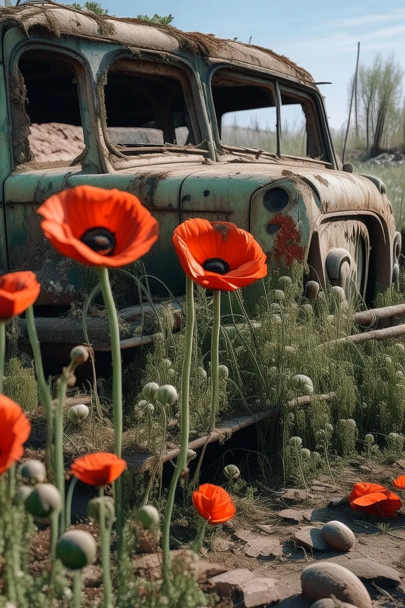 poppies growing out of a big abandon corroded old car