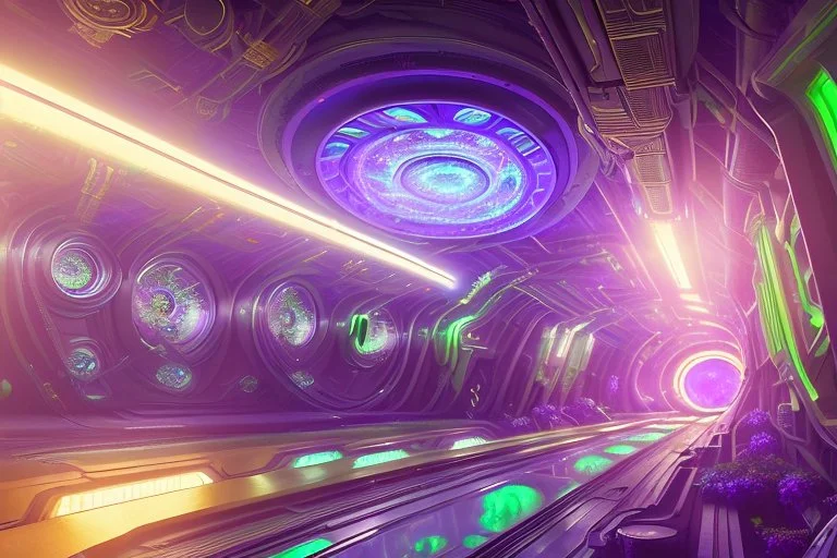 green and purple crystal cosmic and galactic ambiance cinema4d sci-fi futuristic tunnel, full of details, smooth, bright sunshine，soft light atmosphere, light effect，vaporwave colorful, concept art, smooth, extremely sharp detail, finely tuned detail, ultra high definition, 8 k, 16k, unreal engine 5, ultra sharp focus