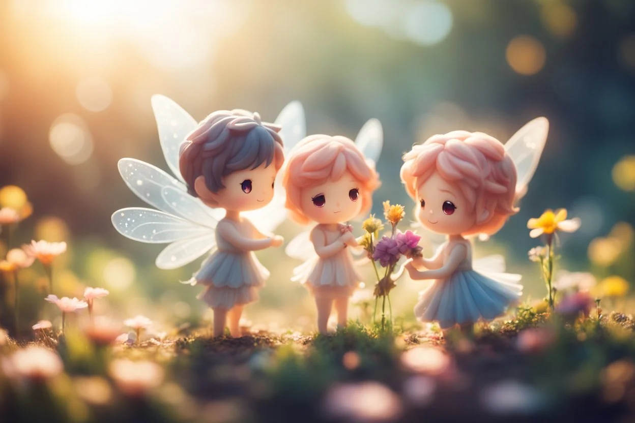 cute chibi fairy couple planting flowers in sunshine, ethereal, cinematic postprocessing, dof, bokeh