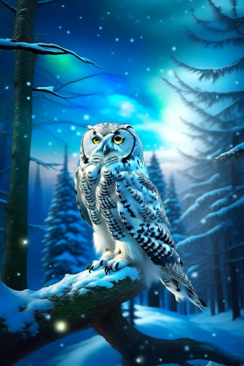 Beautiful snow owl in a magical forest with magical cosmic sky.