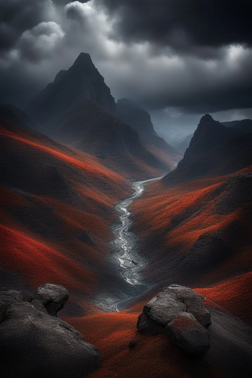 A stunning mountain landscape, mountain gorge, bright color palette, high detail, perfect by composition, gcinematic shot, intricate details, a cloudy stormy weather in the background
