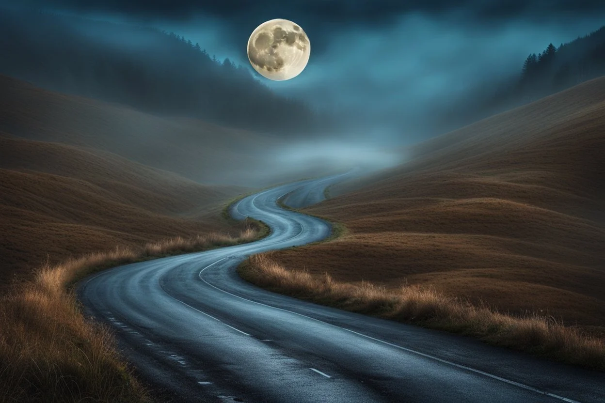 big full moon emerges from the fog over the road, the road twists and turns on the hills , psychedelic, gothic art, very detailed, cinematic, crepy stunning landscape