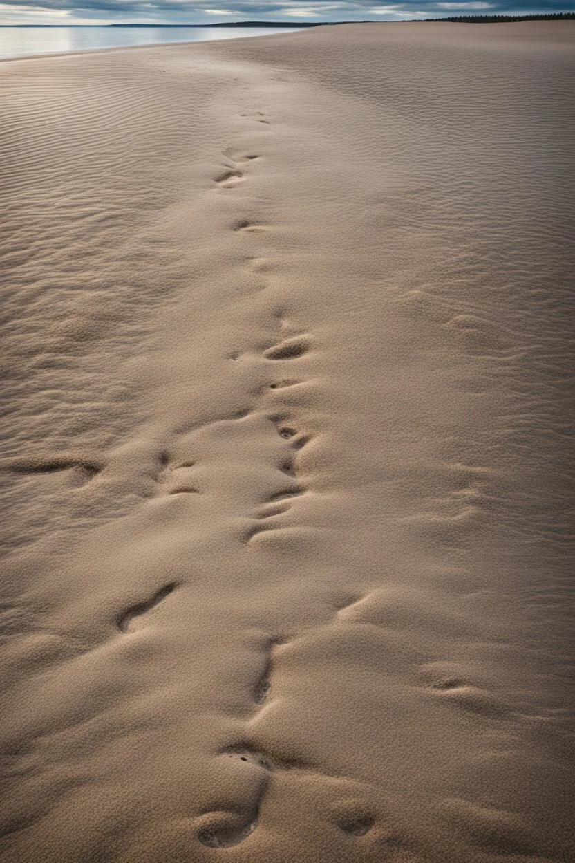 Sand Near THE WATER OF LAKE Gennisaretsky, bare footprints lead to the water. The image is in high quality in 8K.