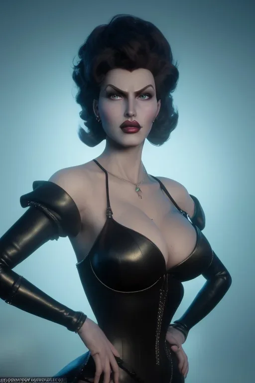 Rita Hayworth as evil queen in black leather, busty, cleavage, curvy, angry, stern look. character design by cory loftis, fenghua zhong, ryohei hase, ismail inceoglu and ruan jia. unreal engine 5, artistic lighting, highly detailed, photorealistic, fantasy