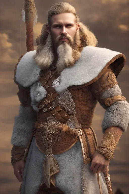 Viking style, 8K, a Highly detailed stunning portrait of Dom man with a kneeling submissive woman, white suit, beard, and short hair, bad boy,