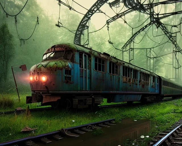 warrior stand in front, an abandoned train on tracks overgrown by nature with large puddles of water flooding part of tracks, 8k resolution, high-quality, fine-detail, intricate, digital art, detailed matte, volumetric lighting, illustration, 3D octane render, brian froud, howard lyon, selina french, anna dittmann, annie stokes, lisa parker, greg rutowski