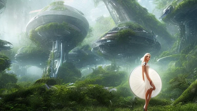 Wide-angle, full body of a woman, with straight blond hair, dressed like a robot, with equipment in her hands, next to a crashed spaceship, on an alien jungle world in the multiverse