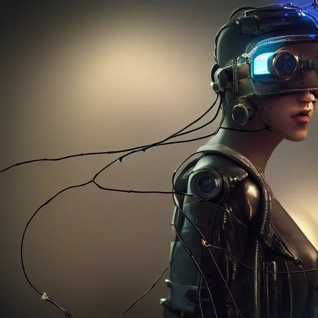 a movie screen on wall with wires to cyberpunk futuristic helmet and goggles on woman's head and face, 8k resolution, high-quality, fine-detail, intricate, digital art, detailed matte, volumetric lighting, baroque, illustration, octane render, brian froud, howard lyon, selina french, George Grie, Ben Goossens, Igor Morski