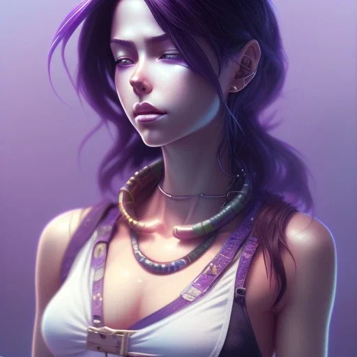 revy black lagoon, purple hair, black tank top, jean shorts, tribal sleeve left arm, portrait shinkai makoto, studio ghibli, studio key, madhouse anime studio, artgerm, lau rossdraws james jean marc simonetti pixiv