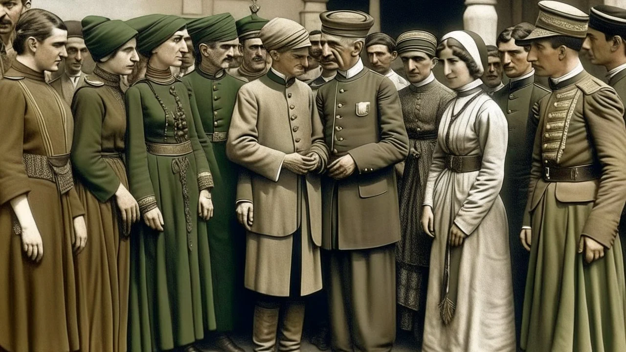 Andalusian men and women gathered around a military commander in Arab uniform