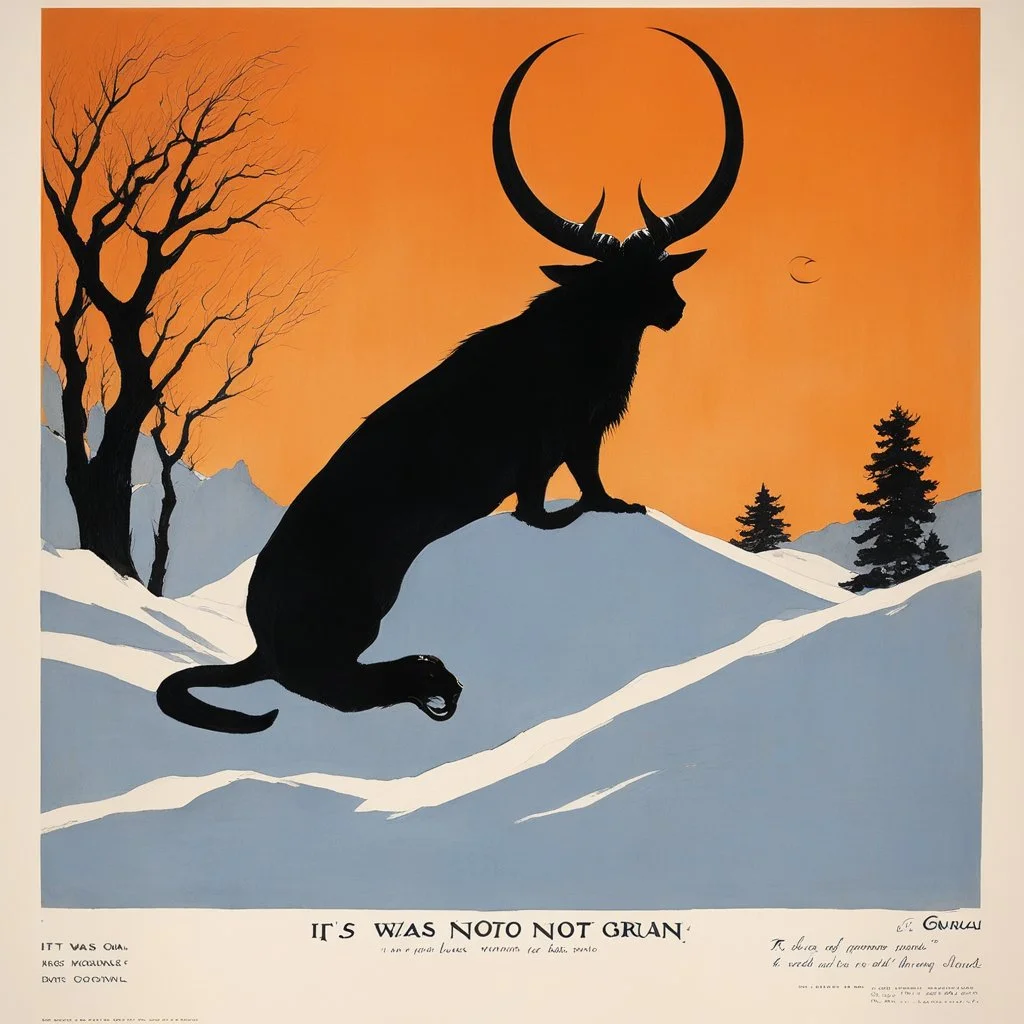 [poster by René Gruau] It was not summoned. It was not born. It simply was—coiled beneath the skin of the world, sleeping in silence until a voice whispered it back into memory. Now it stares, unblinking, from the edge of existence. A head the size of mountains, crowned with horns like dead moons, eyes burning with starfire. Its breath coils through the air like smoke from a forgotten forge. The land around it bends in color and shape, as though reality itself were second-guessing its design.