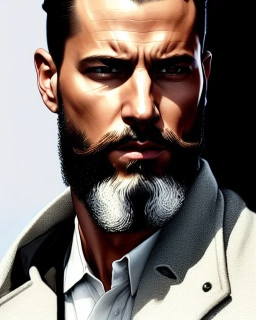 "MIddle aged white human male, with a trimmed but uneven beard, piercing eyes with slick back hair, full-scale head and shoulders portrait, 8k resolution concept art portrait by Greg Rutkowski, Artgerm, WLOP, Alphonse Mucha dynamic lighting hyperdetailed intricately detailed Splash art trending on Artstation triadic colors Unreal Engine 5 volumetric lighting Splash art fantasy"