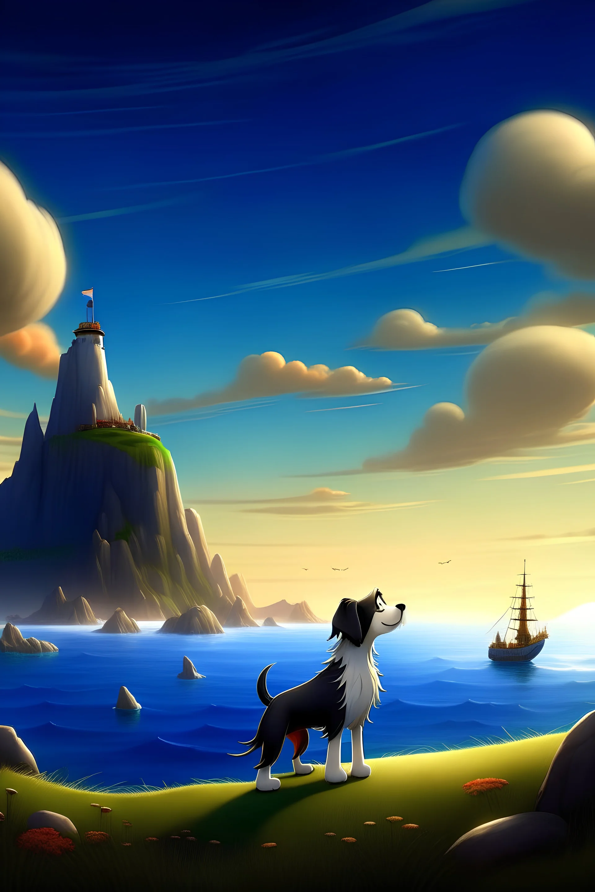 pixar animation quality, border collie stand at middle at sea, landscape is mountain and some ship, sky is evening