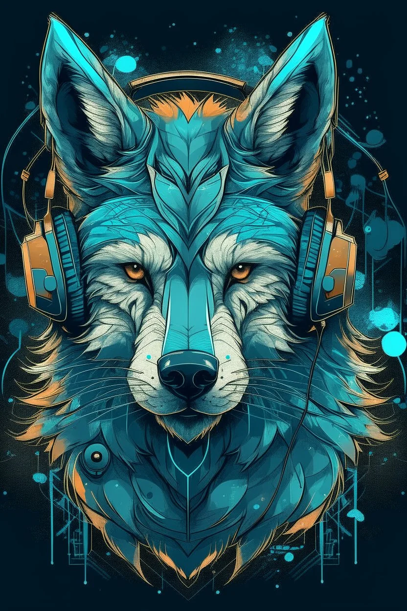 t-shirt design, wolf with headphones on his ears, digital art by Jan Tengnagel, shutterstock contest winner, furry art, artwork, angular, art