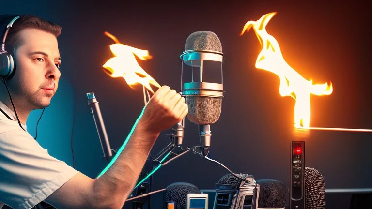 4k, portrait of a radio host broadcasting metal on fire in a radio studio, background green youth style