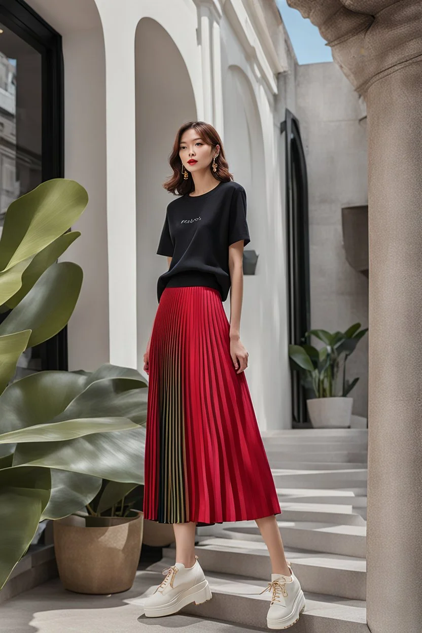 full body Spring 2024 Women's Pleated Skirt Fashion and Color,modern city scape,