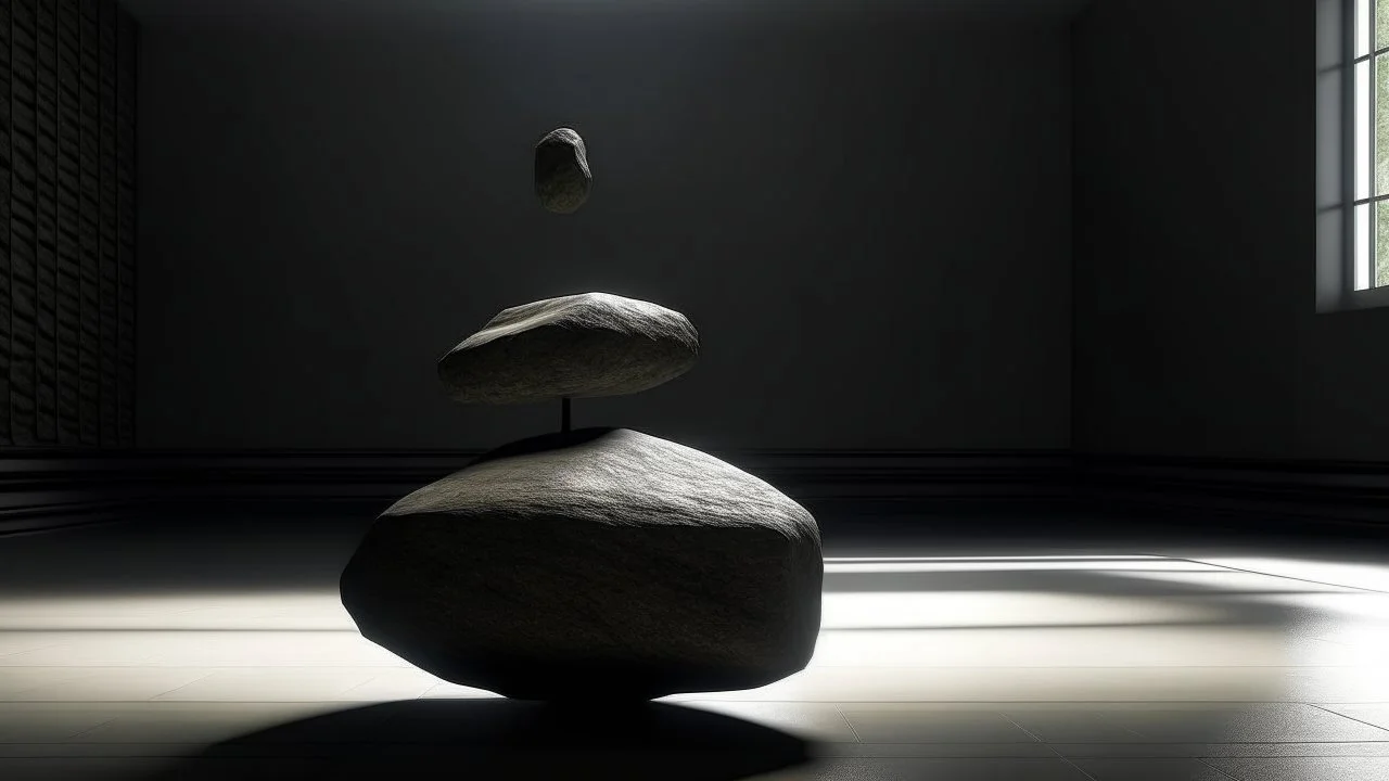 Generate a captivating image of an enigmatic scene: a solitary stone mysteriously levitating in the center of an empty room. Convey the sense of mystery and wonder as the stone hovers weightlessly, casting intriguing shadows against the blank walls. Capture the ambiance of the room, emphasizing the surreal nature of this levitating stone, inviting viewers to ponder the secrets that surround it.