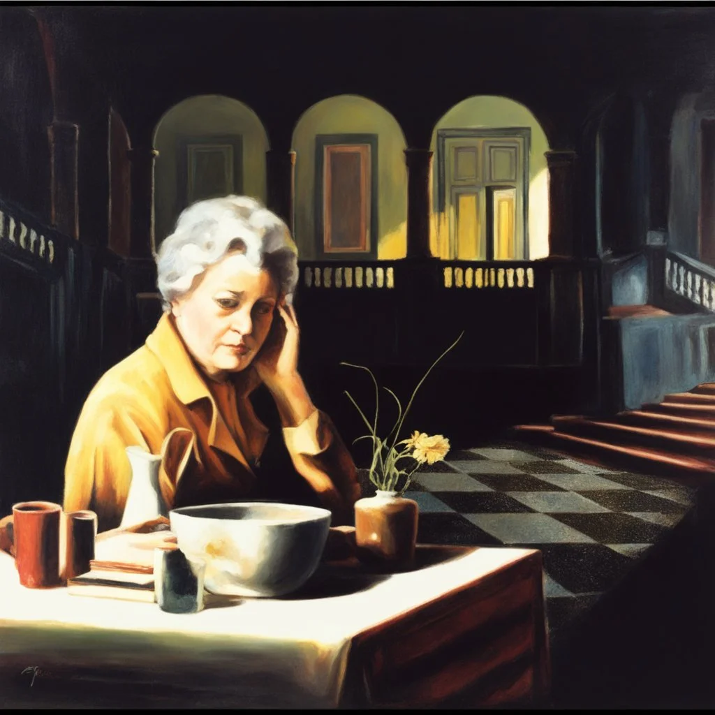 oil painting, woman seating down, dark,