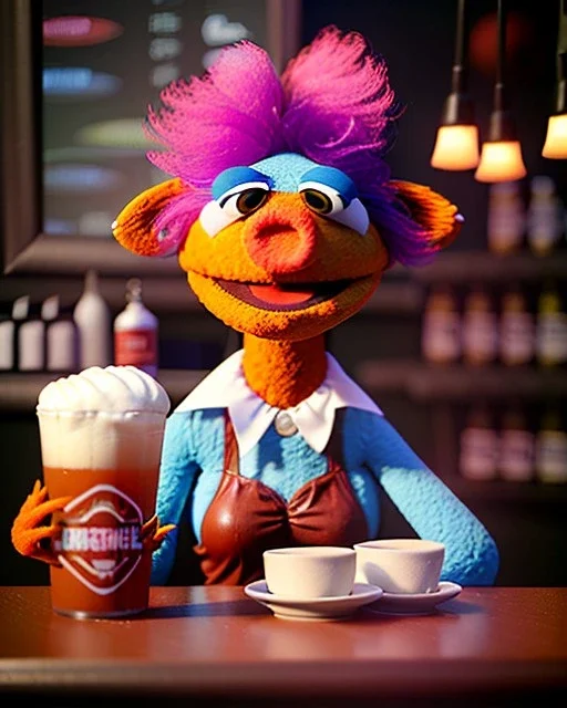 Pub scene, hybrid character, waitress woman with monster muppet mask that covers her entire head, retro style, Sesame Street style, smooth, unreal engine 5, god lights, ray tracing, RTX, lumen lighting, ultra detail, volumetric lighting, 3d.