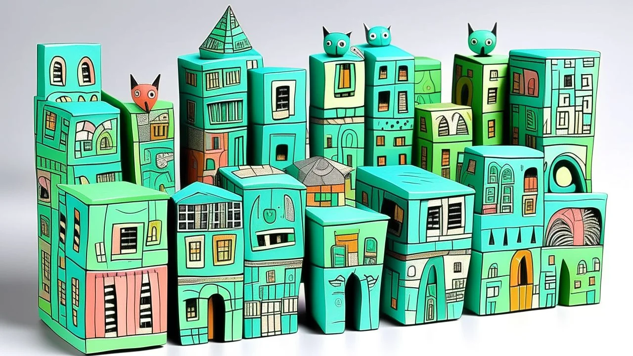 A mint colored electrical city with boombox buildings designed in Oaxacan alebrijes painted by Paul Klee