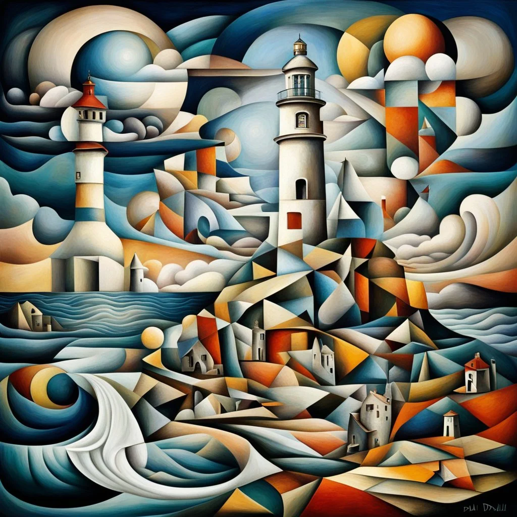 Surreal Cubist Dreamscape; by Picasso, surreal fragmented Wonderland lighthouse, Dali