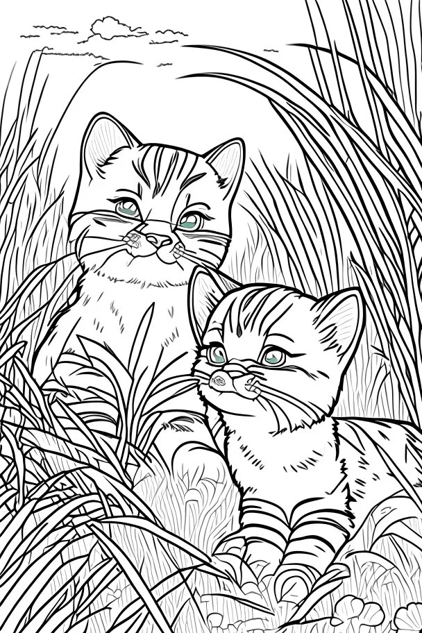 coloring page for kids, Cats in the grass, cartoon style, thick lines, low detail, no shading