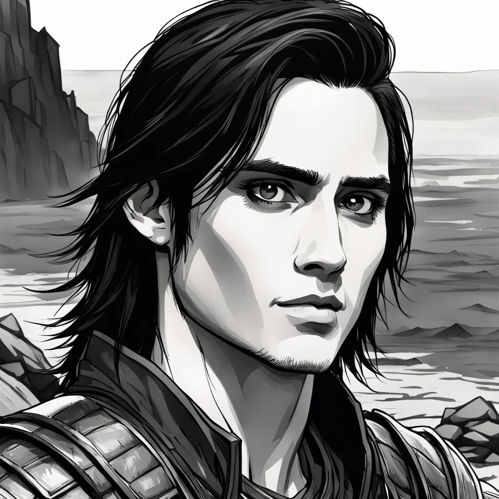 A portrait of Jared Leto in his early 30s, long beachy haircut, black hair, on a rocky island, in ebony armor from Skyrim, melancholic and dangerous facial expression, half-smiling, drawn in the style of ink manga sketch, black and white, sketchy