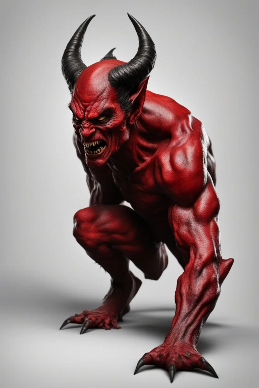 Realistic devil leaning forward at an angle facing left, posed as if over a shoulder, red skin, horror style, no other person.
