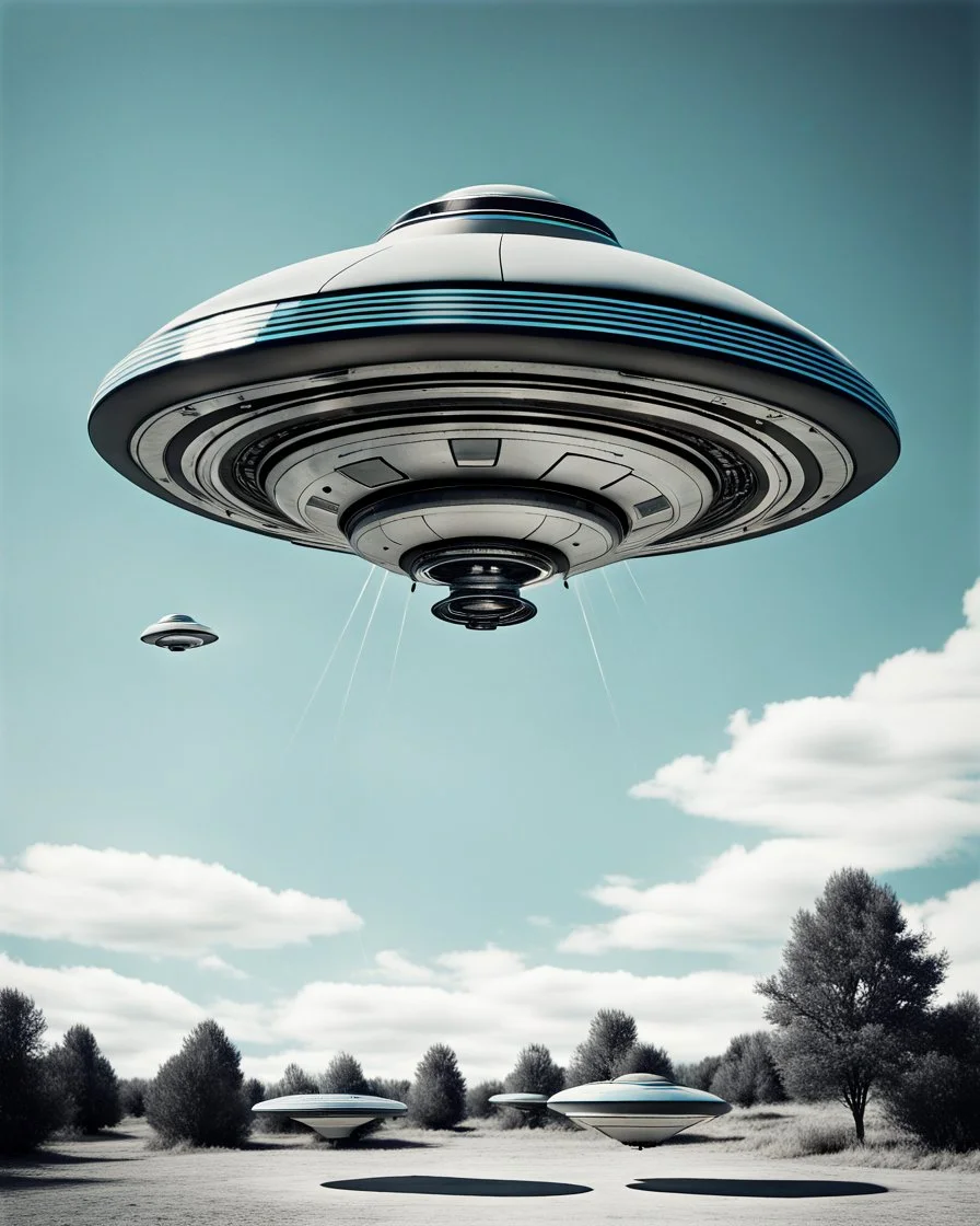 Design a retro futuristic, UFO hovering in a clear blue daytime, photorealism, surrealism, black and white photography, analog film, highly detailed