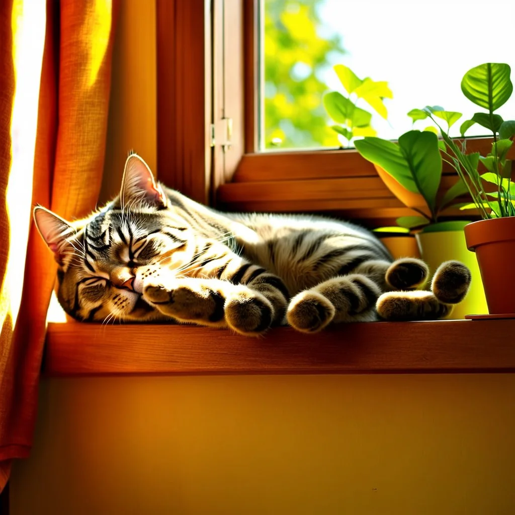 photorealistic, high-resolution image of a grey tabby cat sleeping on a sunny wooden windowsill next to various potted plants. The cat, with light brown and black stripes, lies on its back, paws up, basking in a ray of golden sunlight that illuminates its fur. The window in the background features an amber curtain on the left, and a wooden frame separates the panes. Outside the window, soft golden light suggests either sunrise or sunset, with blurred foliage visible. On the windowsill, several t