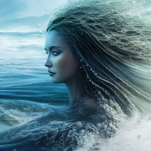 high-quality, fine-detail close-up portrait of gorgeous, stunning goddess of water, hair as stormy ocean, seaweed as flowing dress, 8k resolution, 3D octane render, intricate, digital art, detailed matte, volumetric lighting, George Grie, Anne Dittman, Anne Stokes, Lisa Parker, Selina French,