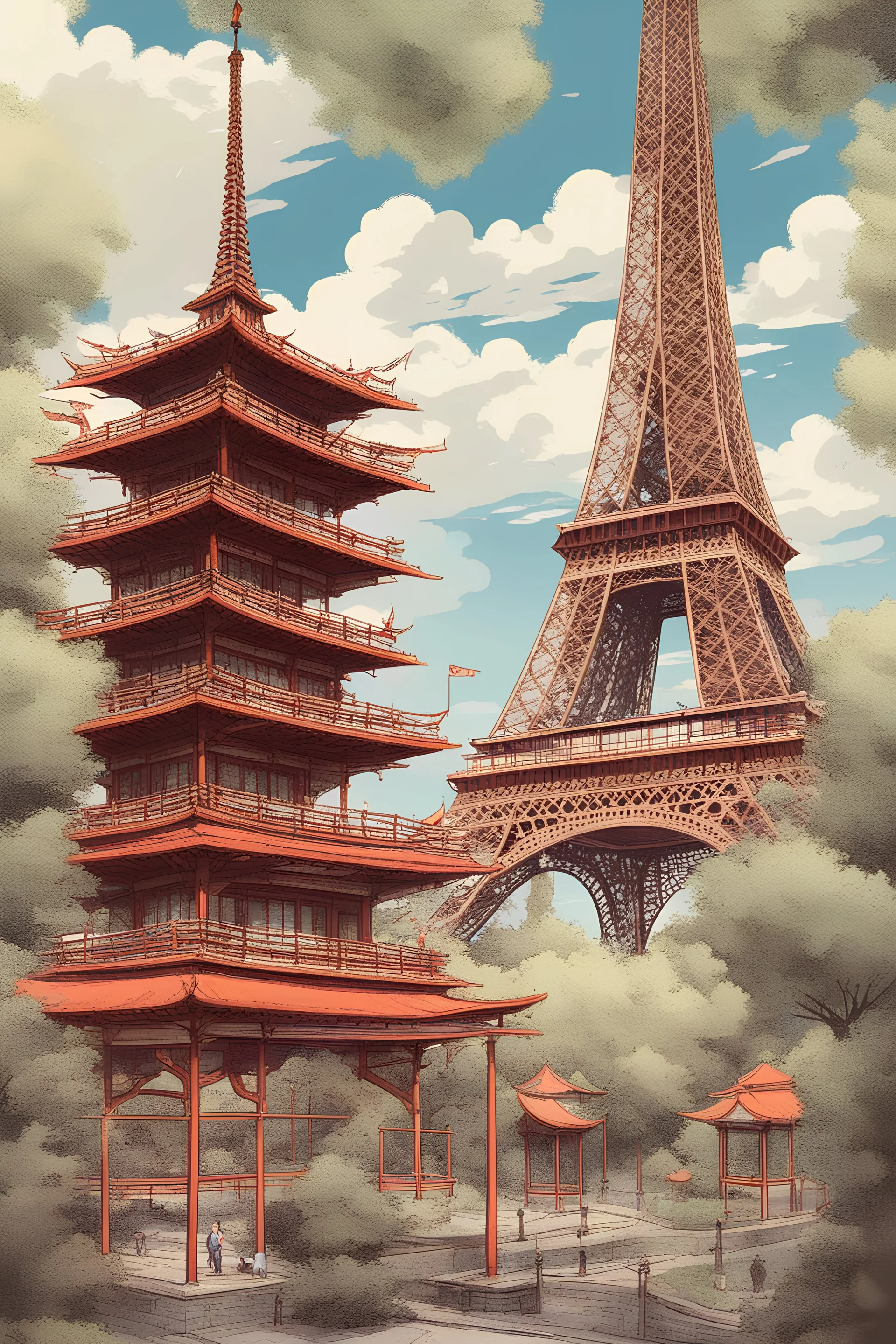 The Eiffel Tower fighting with a Japanese pagoda.