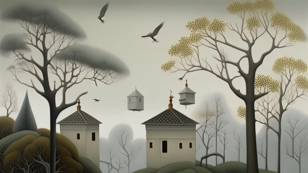 Light gray foggy treetops with birdhouses painted by Henri Rousseau